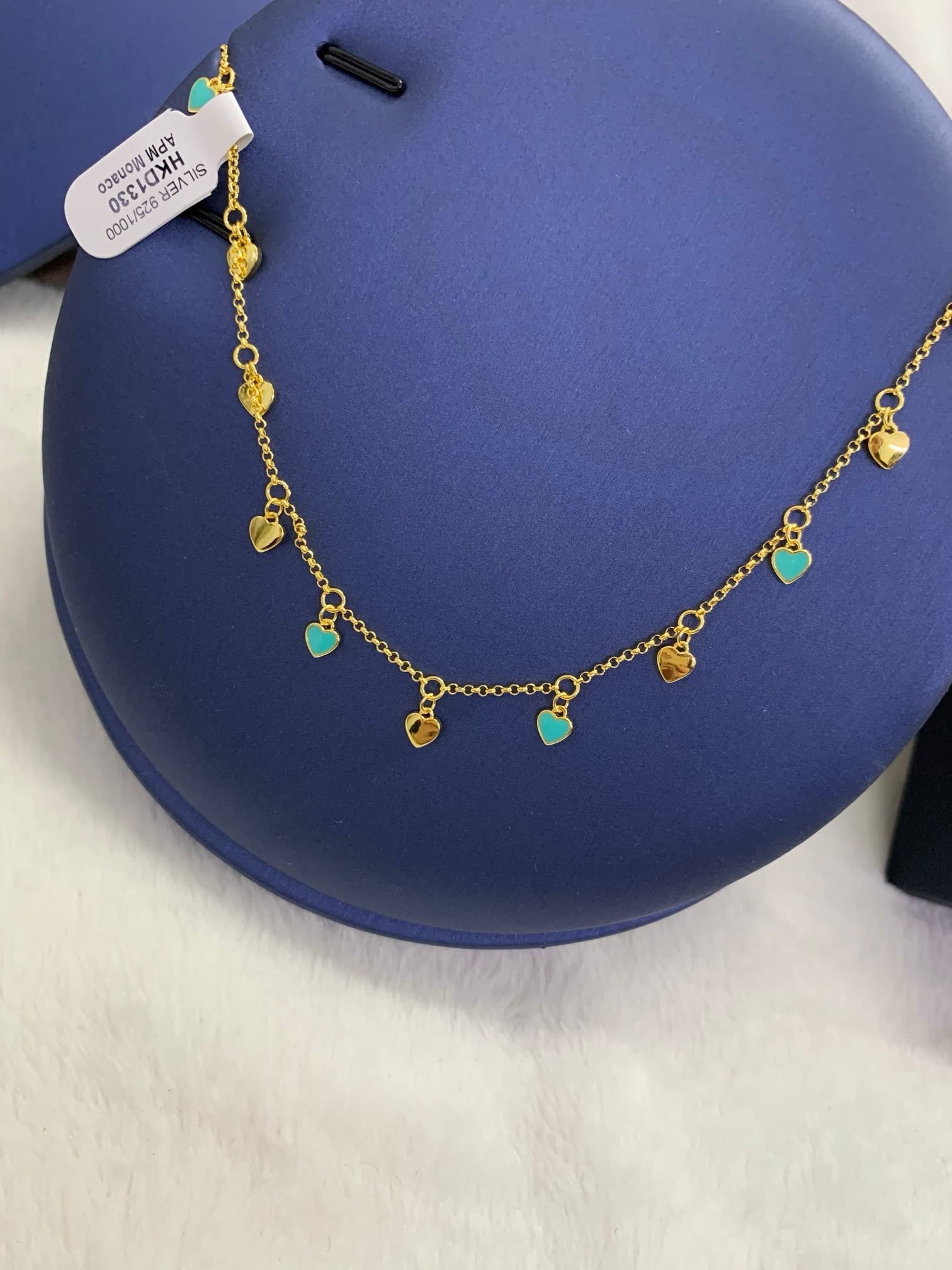 APM Monaco Gold Tone Blue Stone Heart Necklace